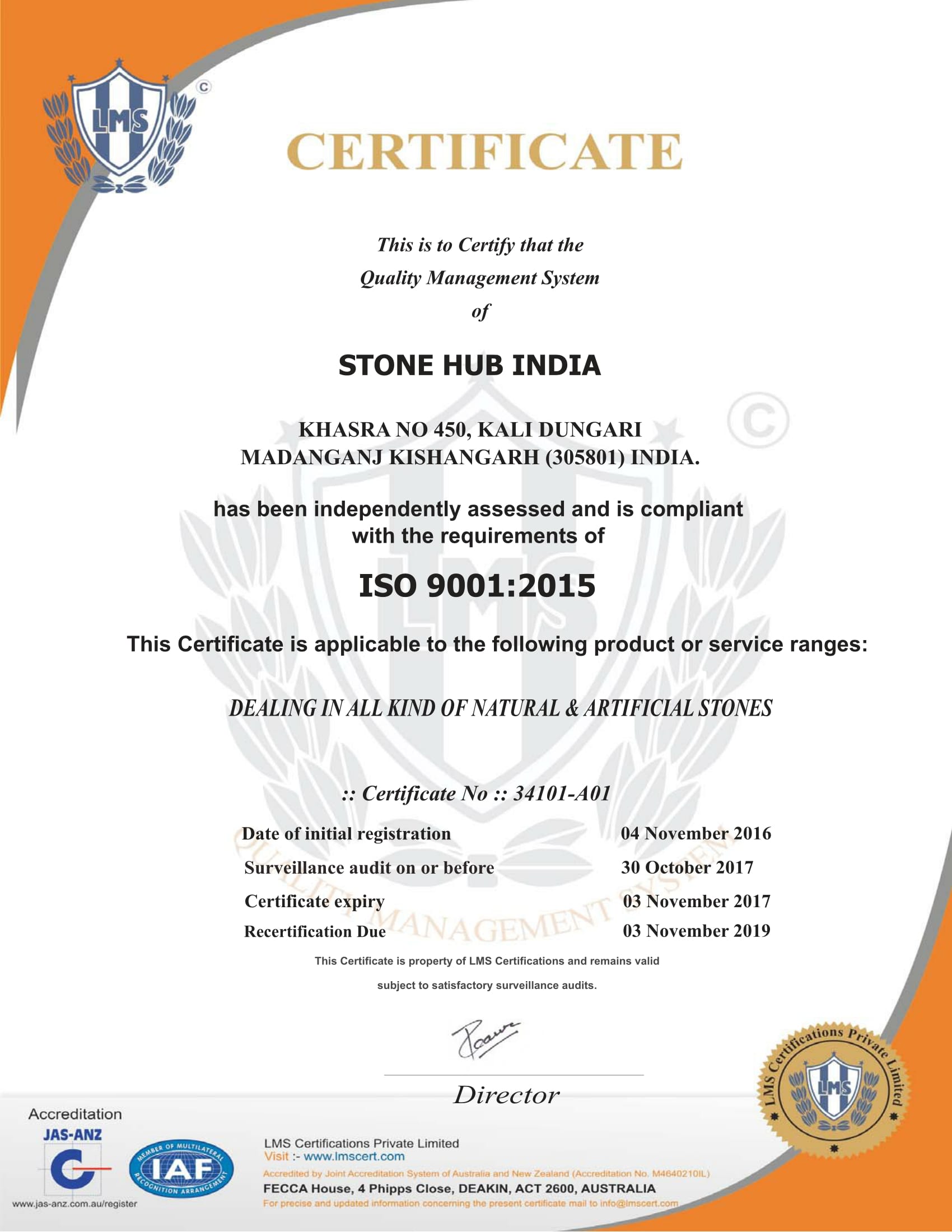 Stone Hub India Certificate